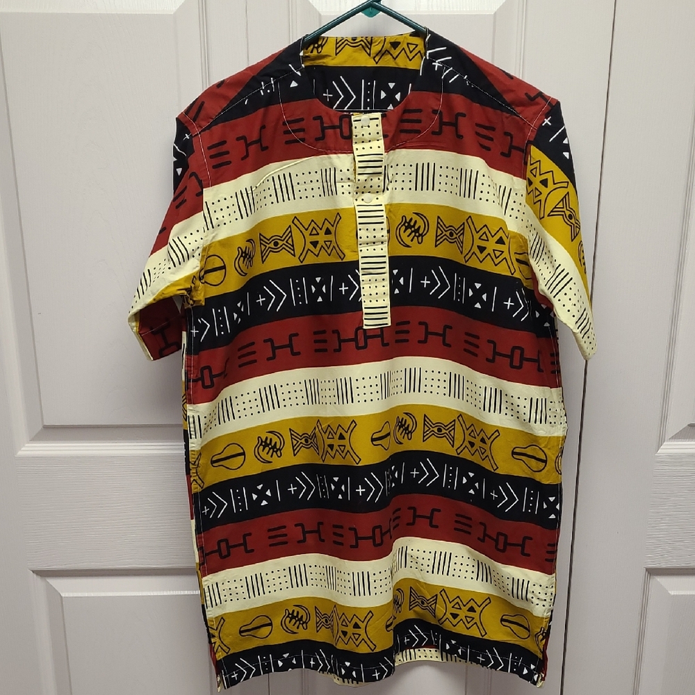 Vibrant Short Sleeve Ethnic Print Shirt Ademide Danshiki in Red, Yellow &Black